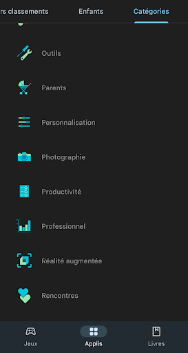 Catégories dans le Play Store.