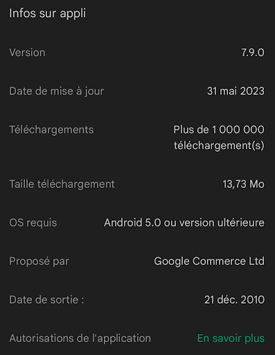 Infos sur appli Play store.