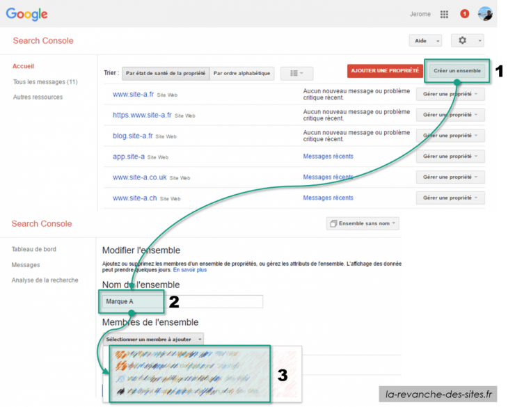 Regroupement propriétés Google Search Console.