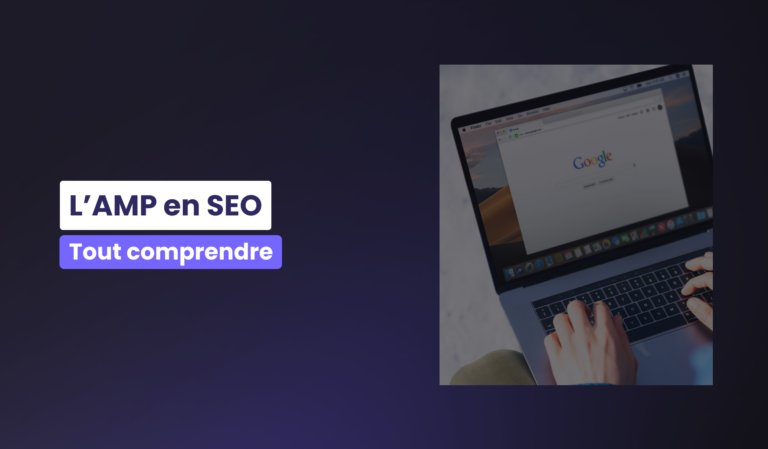 Visuel illustrant l’article sur AMP SEO : icône d’éclair (AMP) sur fond épuré, avec accroche textuelle “AMP en SEO”.