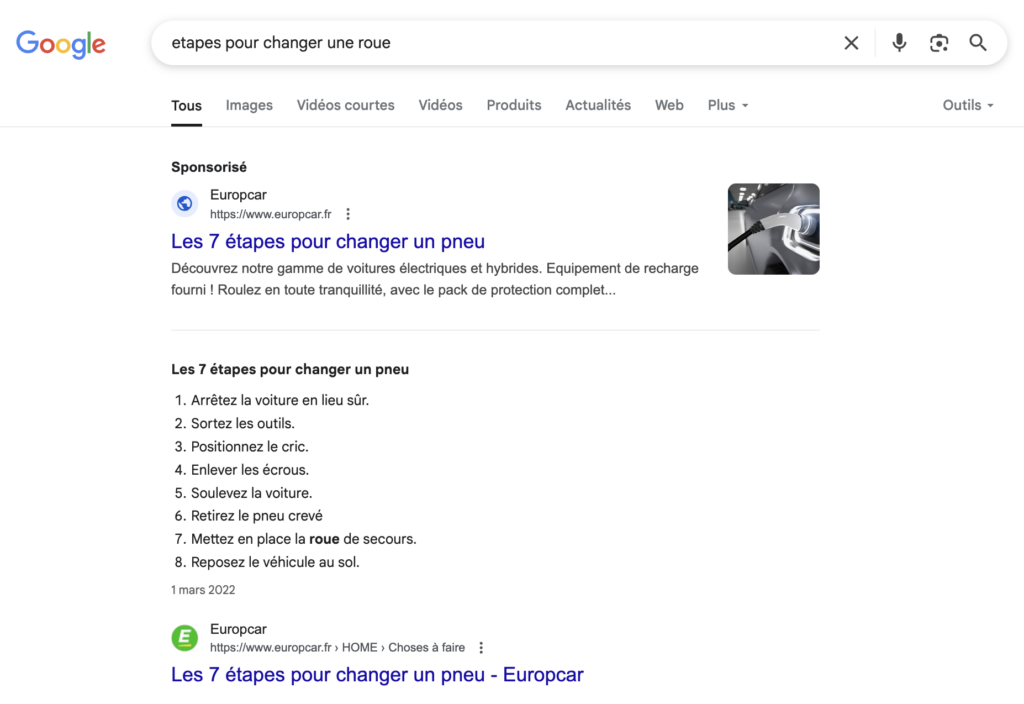 Exemple d'une position 0 sur la SERP Google.