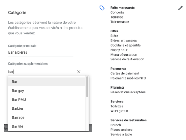 Catégories d'une fiche Google My Business.