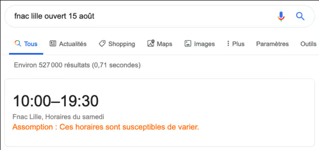 Exemple affichage horaires FNAC 15 août sur Google.