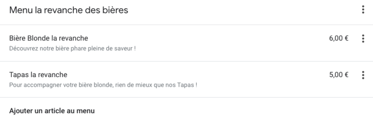 Menu fiche Google My Business.