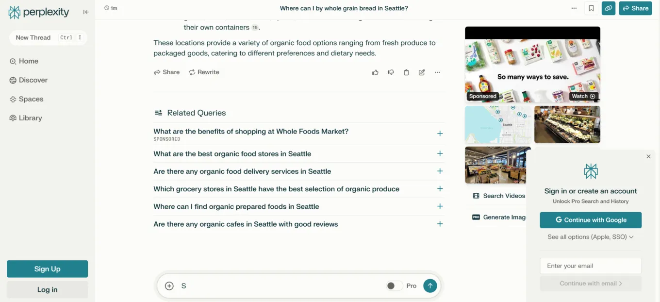 Exemple d'incrustation de ads dans Perplexity
